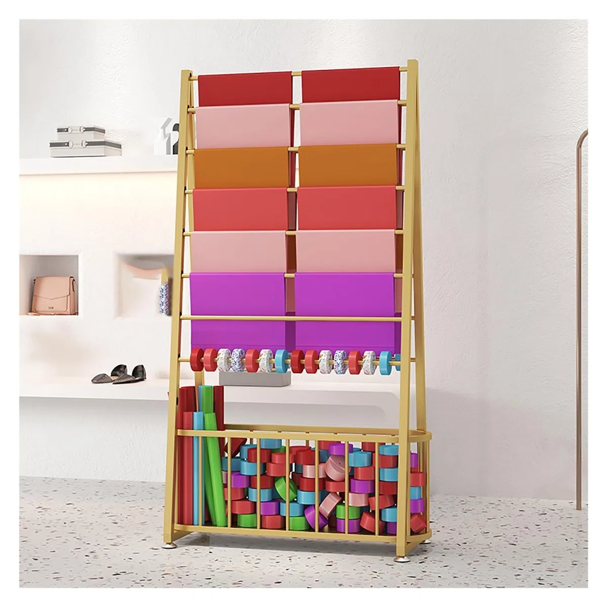 Estante organizador de doble cara de varios niveles para papel de regalo, tela, cintas, soporte de exhibición independiente para manualidades, celofán, rollos de vinilo