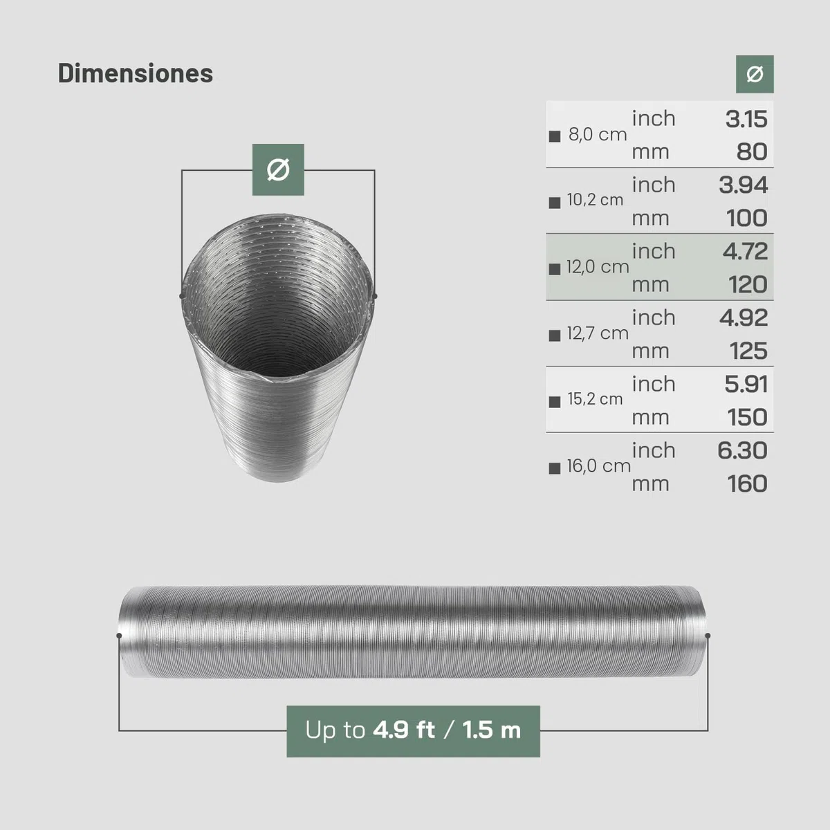 Vent Systems Tubo flexible redondo de aluminio DN 120 mm x 1,5 m de largo tubo de aluminio, manguera flexible, manguera de escape para calefacción y refrigeración aire acondicionado, secador,