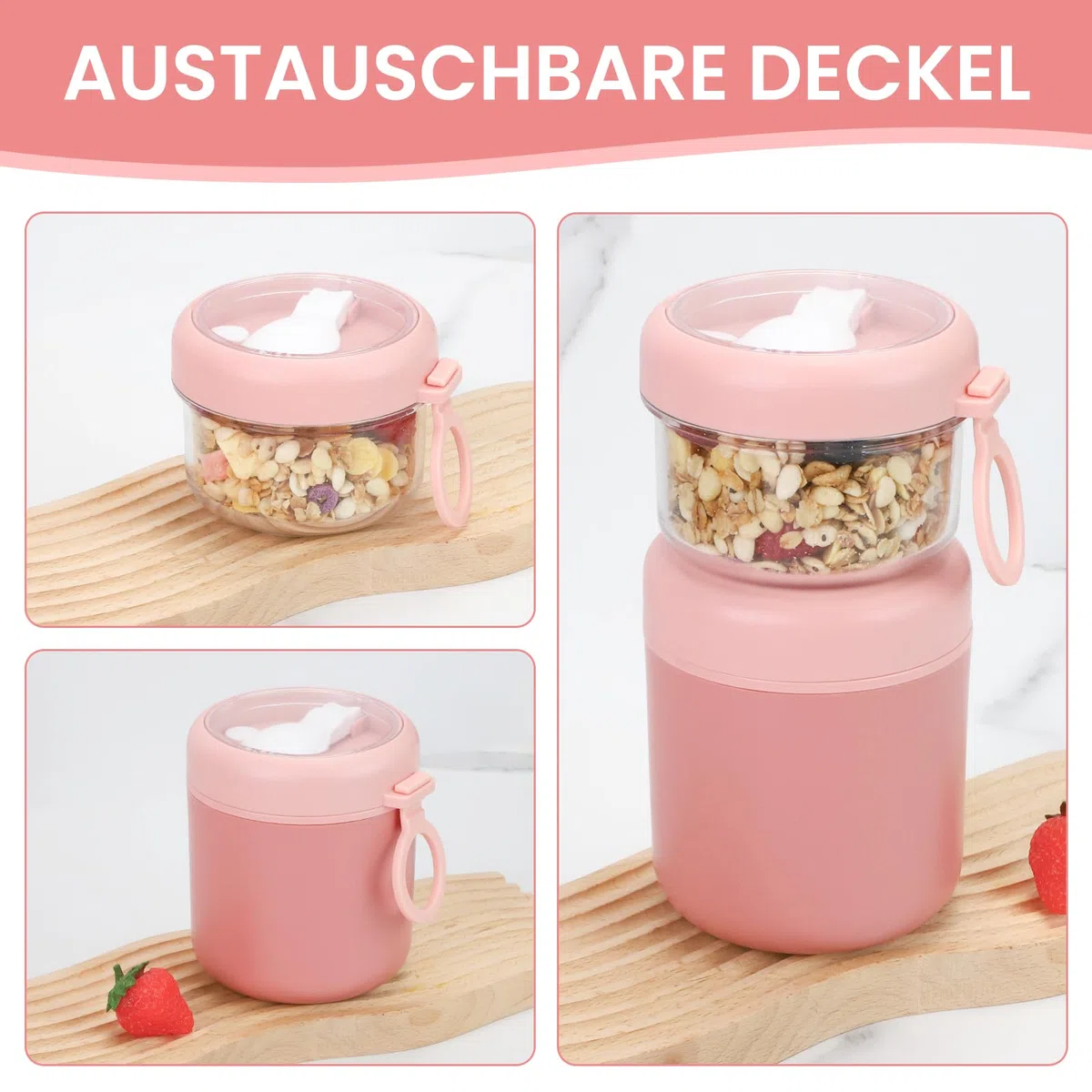 Bugucat Vaso de Cereales Para Llevar de Acero Inoxidable,530 ml + 330 ml,a Prueba de Fugas,Fiambrera Para Llevar Con Cuchara, Práctica Fiambrera Para Yogur y Cereales,Para Trabajo, Escuela,Rosa