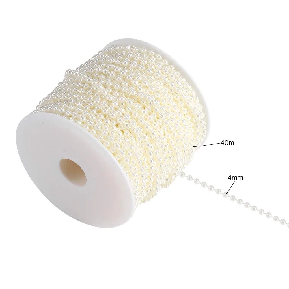40M Rollos De Cuentas, 4Mm De Diámetro Artificial Cadena De Cuentas De Arte De Bricolaje Adornos Adornos Cortina Rollo De Cuentas para La Boda Evento Festival Fiesta Decoración(Beige)