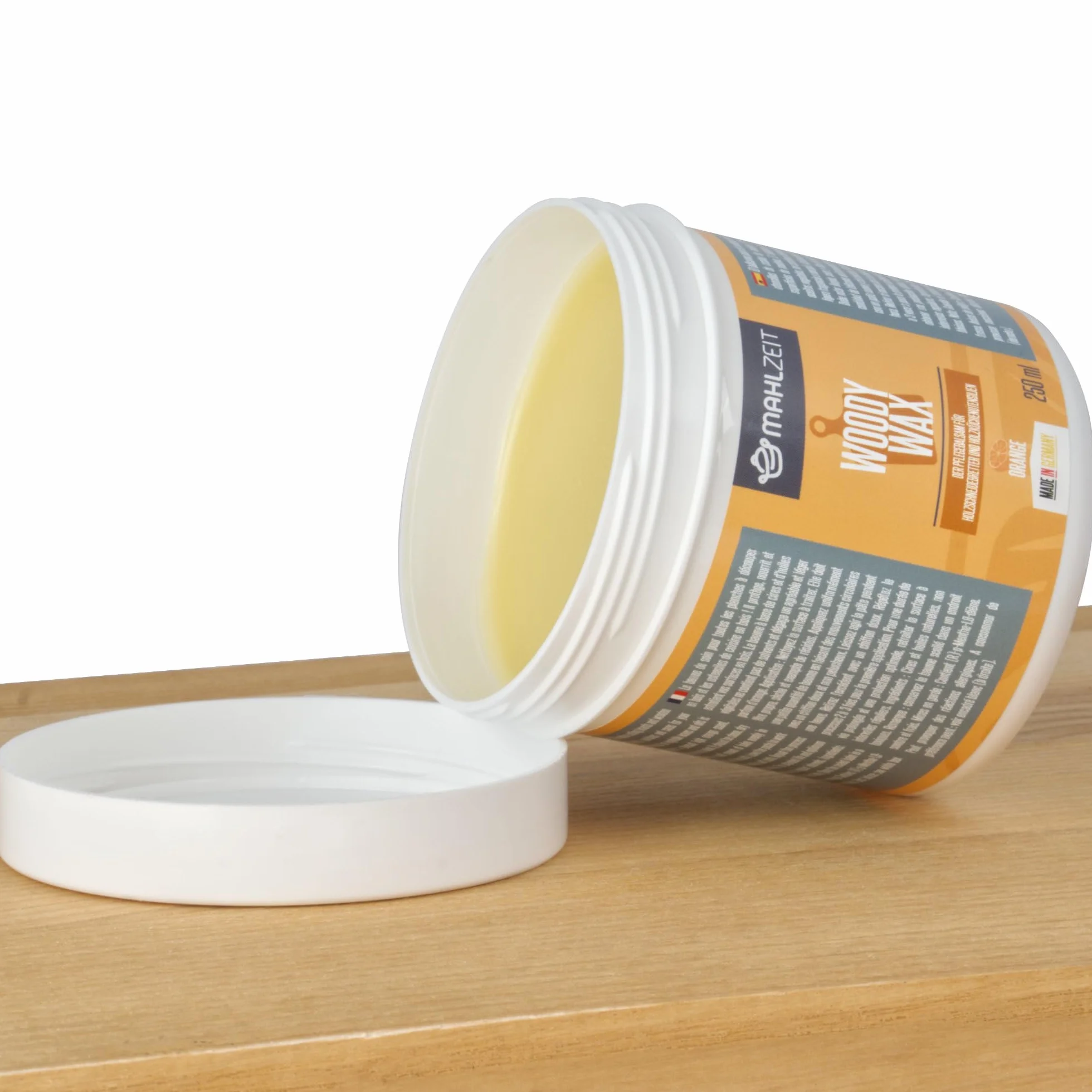 Mahlzeit WOODY WAX - Juego de cuidado de madera de cera de abejas + aceite de madera para tablas de cortar y utensilios de cocina de madera, 2 x 250 ml, aroma a naranja, 100% natural, tablas de cortar