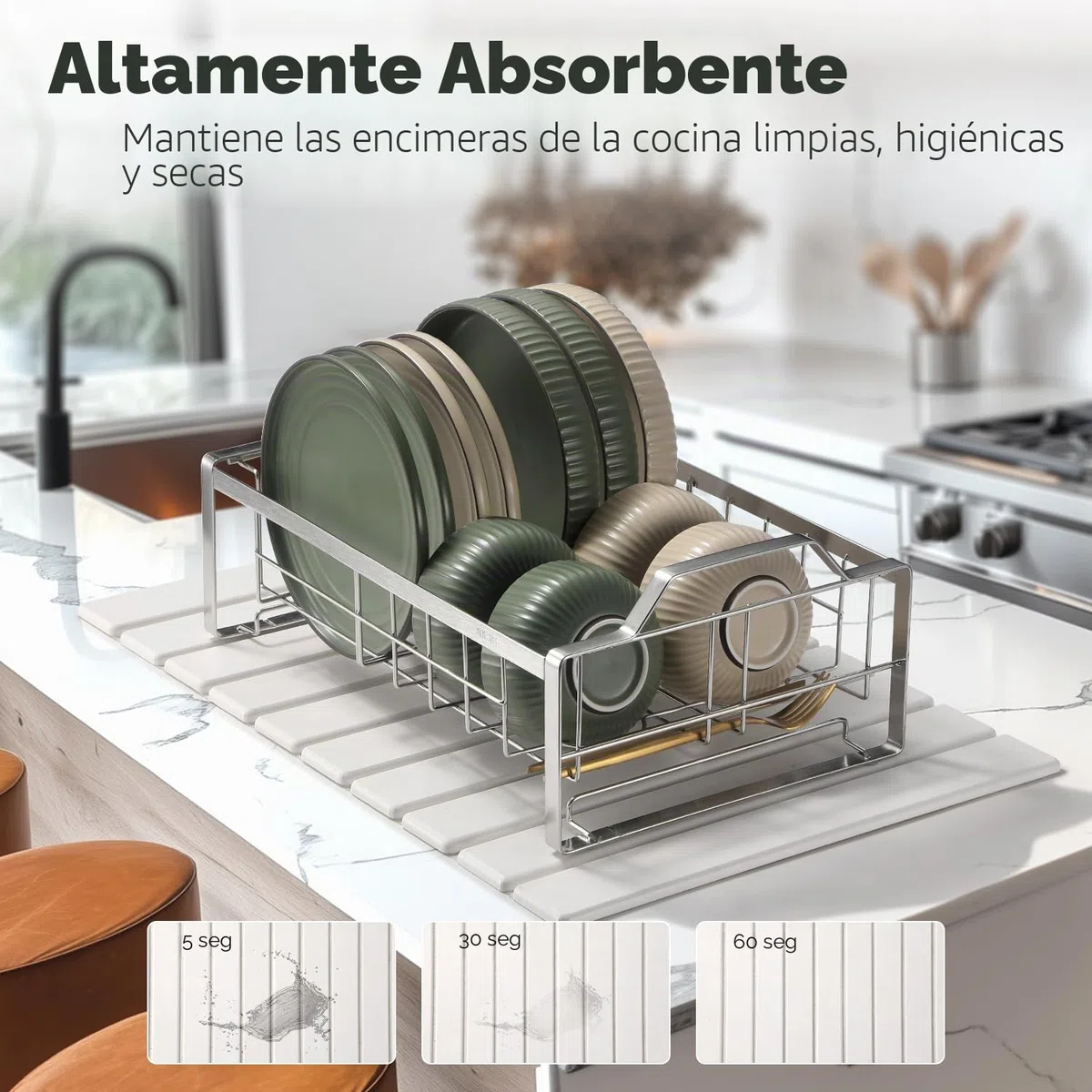 Alfombrilla de goteo para platos, 60 x 40 cm, alfombrilla de tierra de diatomeas que absorbe el agua, para cocina, plegable, para fregadero, cafetera, de secado rápido, para vajilla y tazas (blanco,