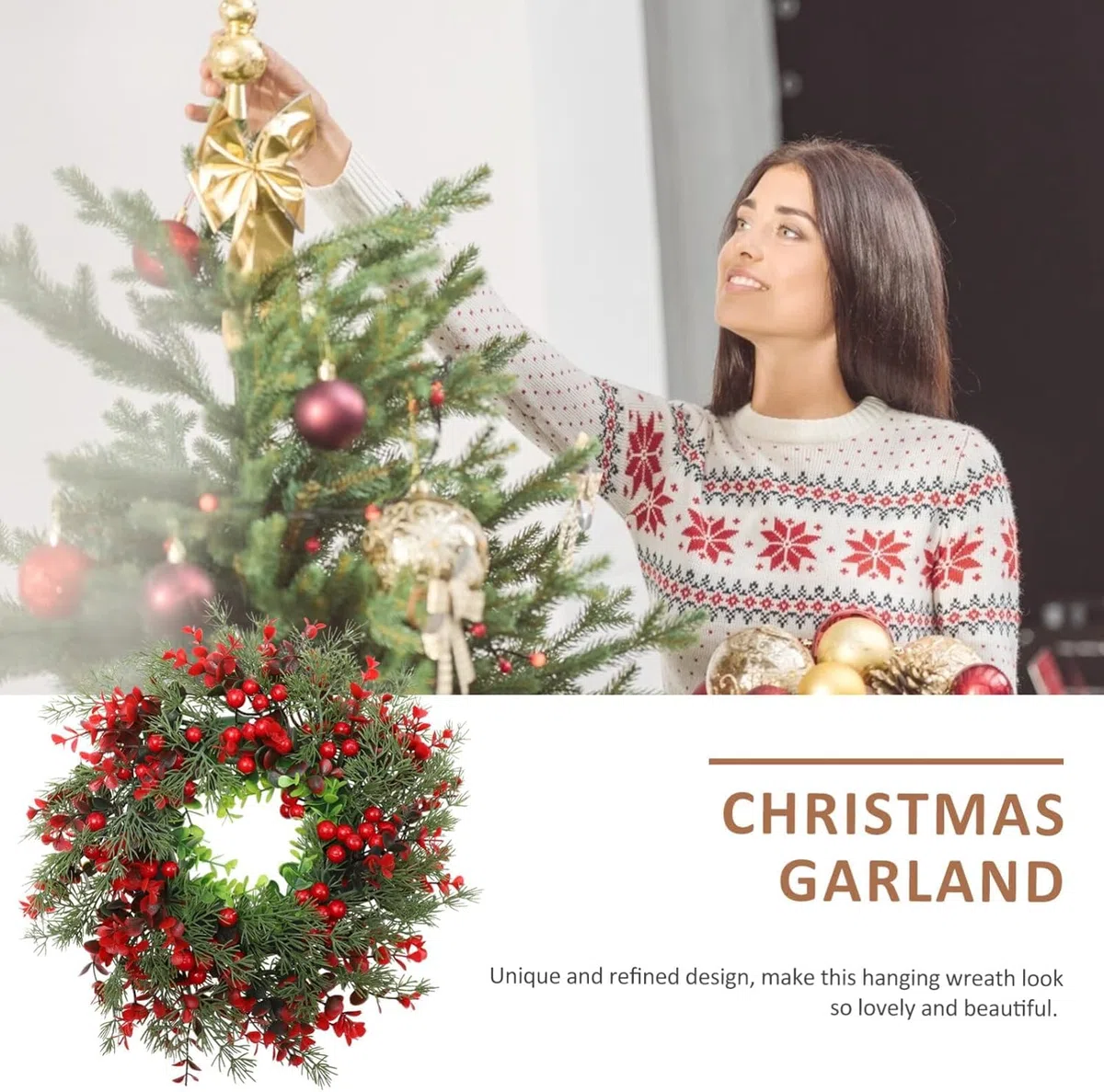 Corona de Navidad para Puerta,Coronas Navidad Corona de Adviento de árbol Navidad Conos de Pino Artificial de Acebo Rojo Corona de Bayas Corona de Navidad Adornos Navideños para Casa