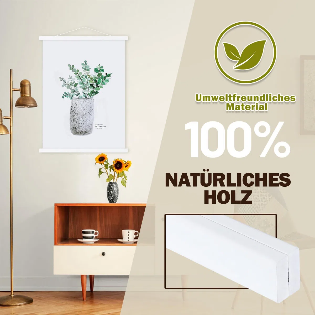Ywlake Barra magnética para pósteres, de madera, marco para fotos, 45x60 45x30 45x45 colgador para obras de arte impresas (Blanco,45cm)