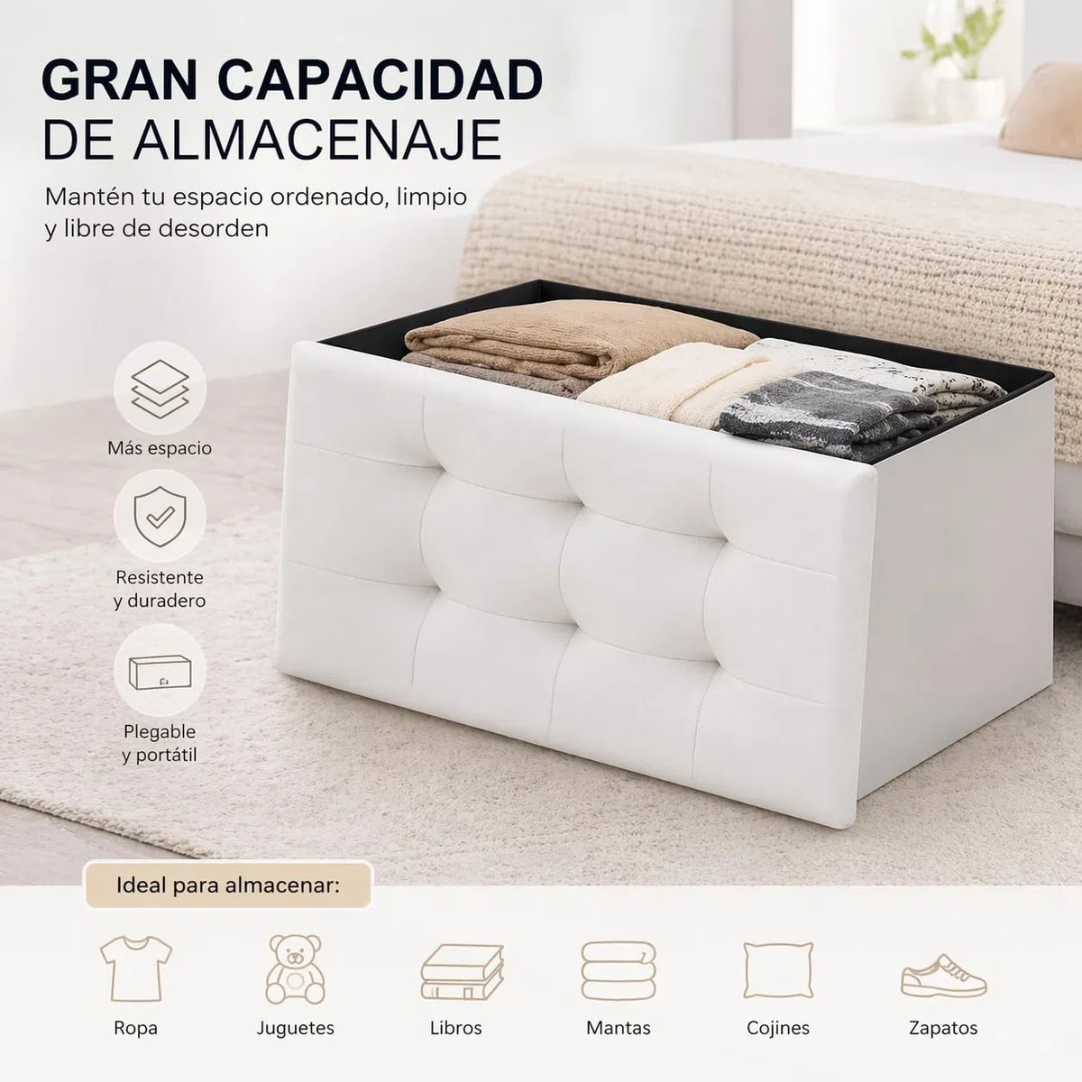 T-LOVENDO.ES Puff o Banco de almacenaje Plegable | Taburete Reposapiés Otomana | Baúl de Almacenamiento para Cama, Dormitorio, salón, Comedor o Recibidor | 38x76x38cm | Soporta 300kg.