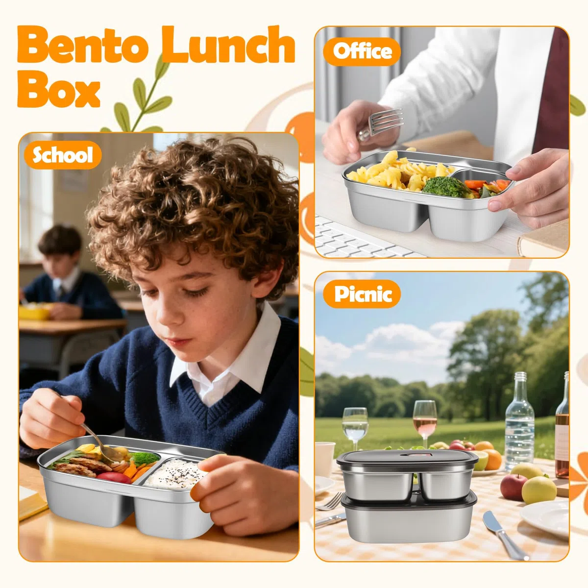 Fiambrera Bento Box para adultos, 2 unidades, 1,2 L + 1,7 L, gran capacidad, acero inoxidable 304, caja de bento portátil, de acero inoxidable, a prueba de fugas, fiambrera para adultos y niños