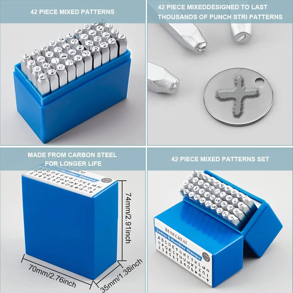 BENECREAT 42PCS 1/8 "3 mm Sello de Metal con Letras y números,Mate Efecto Acero al Carbono, A-Z y 0-9, Sellos en mayúsculas Herramienta punzonada para Marcas en Cuero y Metal