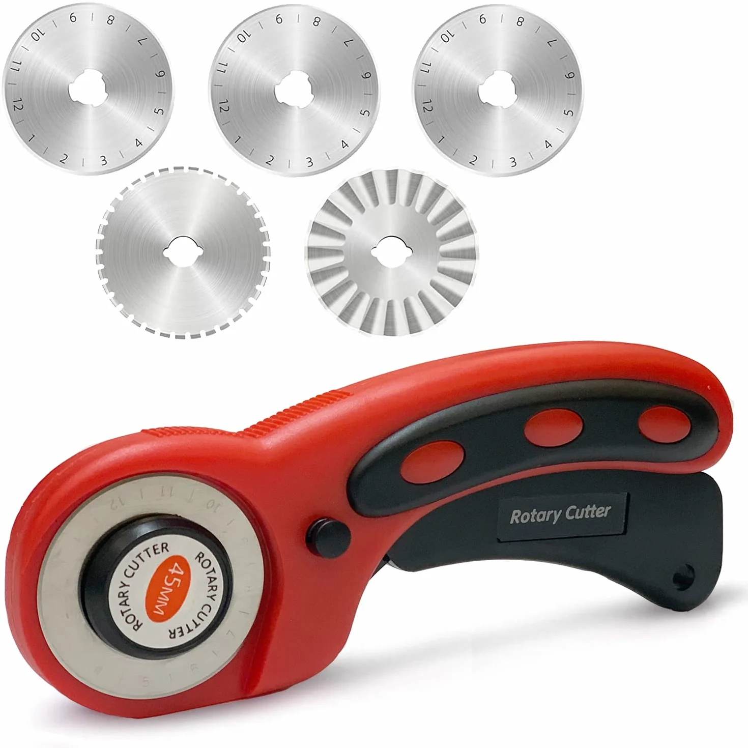 Cuter Rotatori Cúter de Cuchilla Circular Cúter Rotativo con 5 Cuchillas de 45mm Cortador Giratorio con botón de bloqueo Rotary Cutter para Tela Patchwork Costura Manualidades Papel Kraft o Cuero