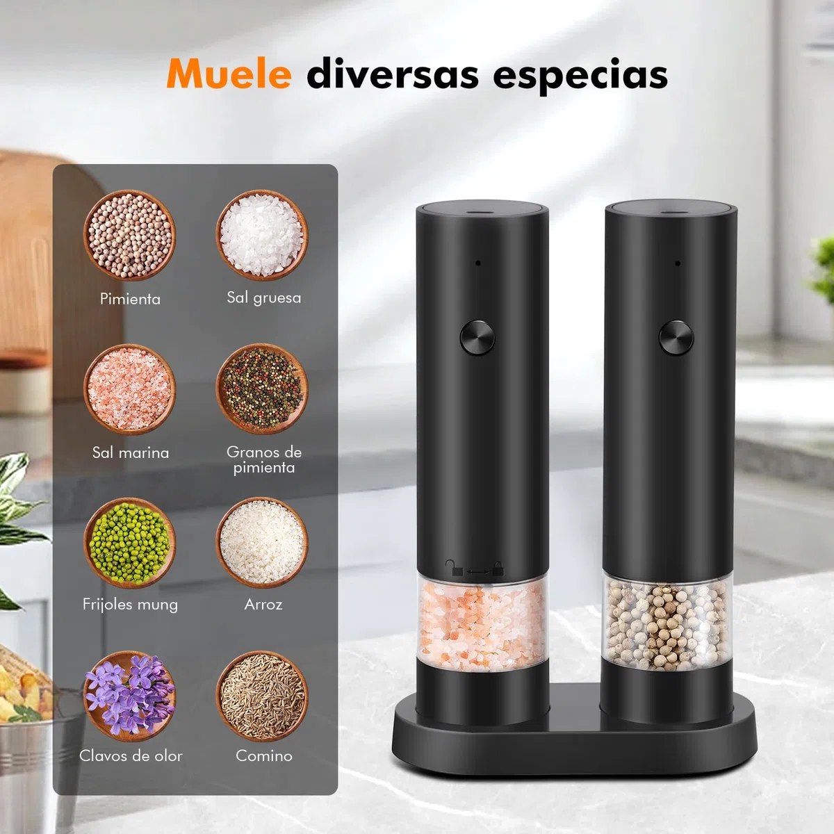 Juego de Molinillos Eléctricos- de Sal y Pimienta Recargable USB con Base de Almacenamiento - Molinillo de Especias con Grosor Ajustable, Recipiente Lavable para Cocina/Picnic/Barbacoa