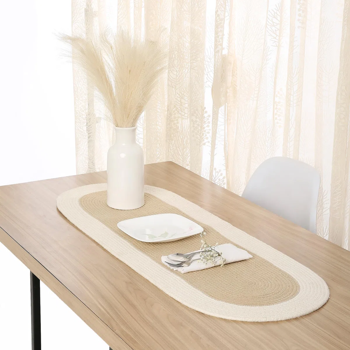 Encasa XO Camino de Mesa | Estilo Acanalado Hecho a Mano en Algodón | 30x91 cm | Beige y Blanco Roto | para Mesas de Centro y de Café
