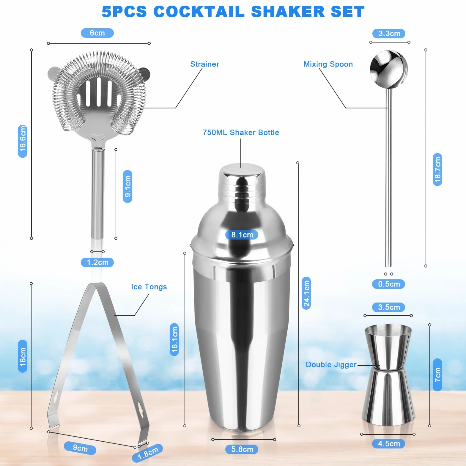 750ML Coctelera, 5 Piezas Juego de Cocktail Shaker INOX, coctelera Profesional Herramientas con Medidor, Cuchara, para Mezclar Bebidas, Hogar, Barra, Fiestas (Plata)