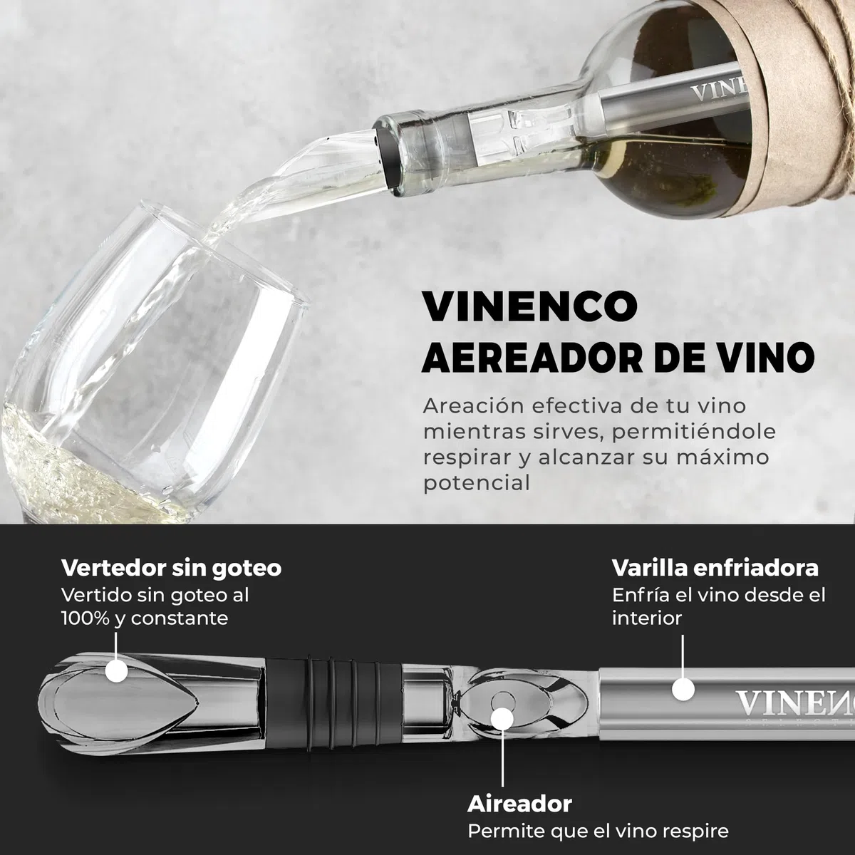 Enfriador de Botellas de Vino Blanco 3 en 1 Kit: Juego de Refrigeración Acero + Tapón Decantador + Aireador Accesorios Bar