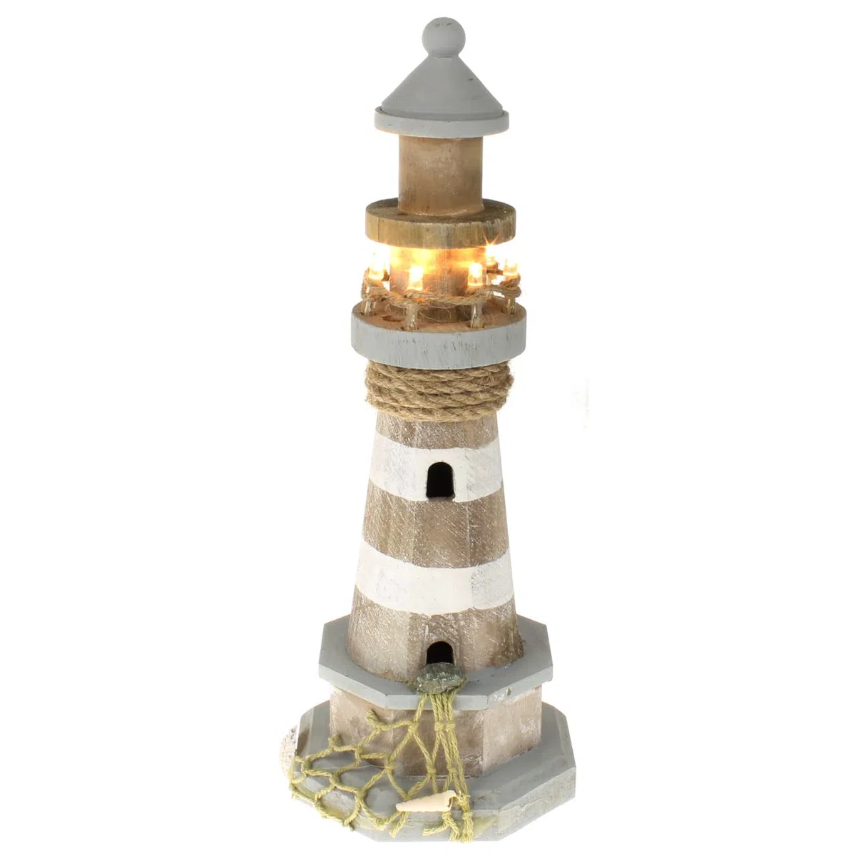 Macosa CP53331 - Faro decorativo (madera, 29 cm, con ledes, madera de pino, color marrón y gris, acabado antiguo, decoración de baño, decoración marítima, red náutica