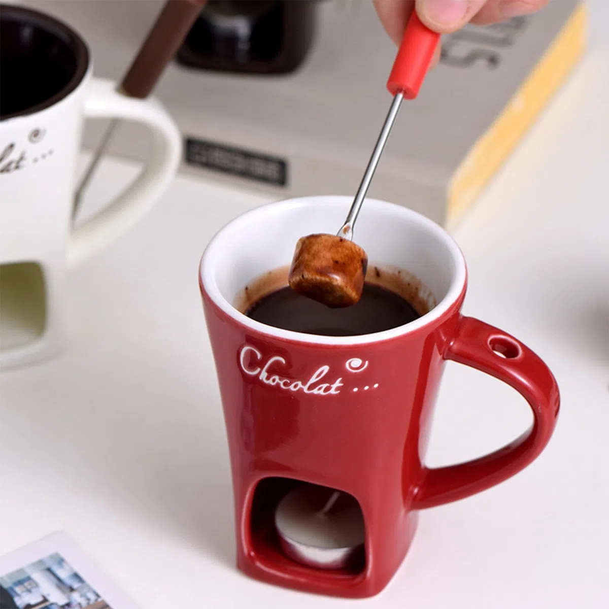 Genérico Tazas De Fondue De Chocolate, Taza De Café De Cerámica para Fondue De Chocolate con Tenedores, Tazas para Derretir para Mantequilla De Queso Y Chocolate