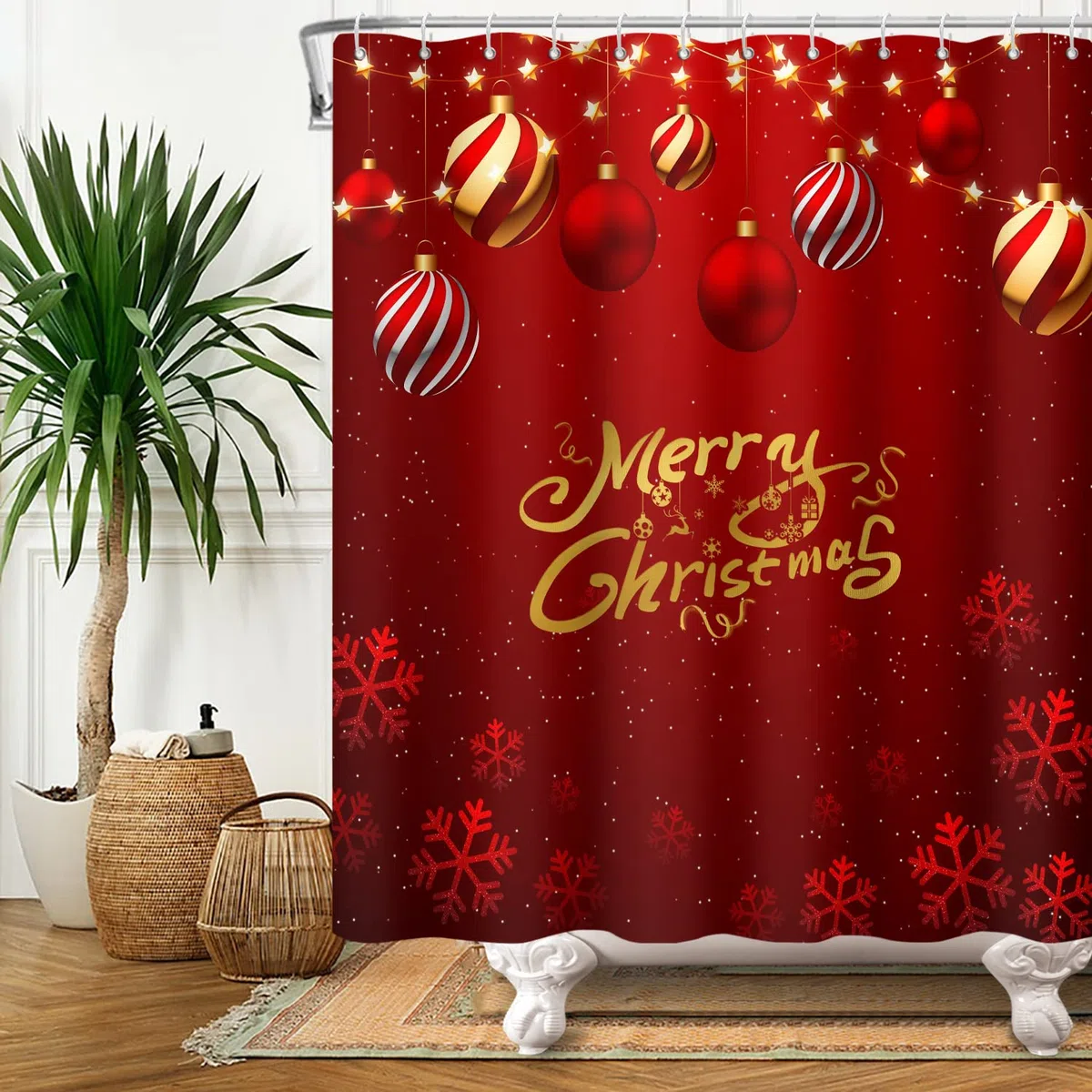 180x180cm Feliz Navidad Cortina de Ducha Nevado Rojo y Rojo Blanco Rayas Celebracion Pelota Cortina de baño Festivo Rojo Fondo Invierno Cortina bañera para Baño Poliéster con Ganchos