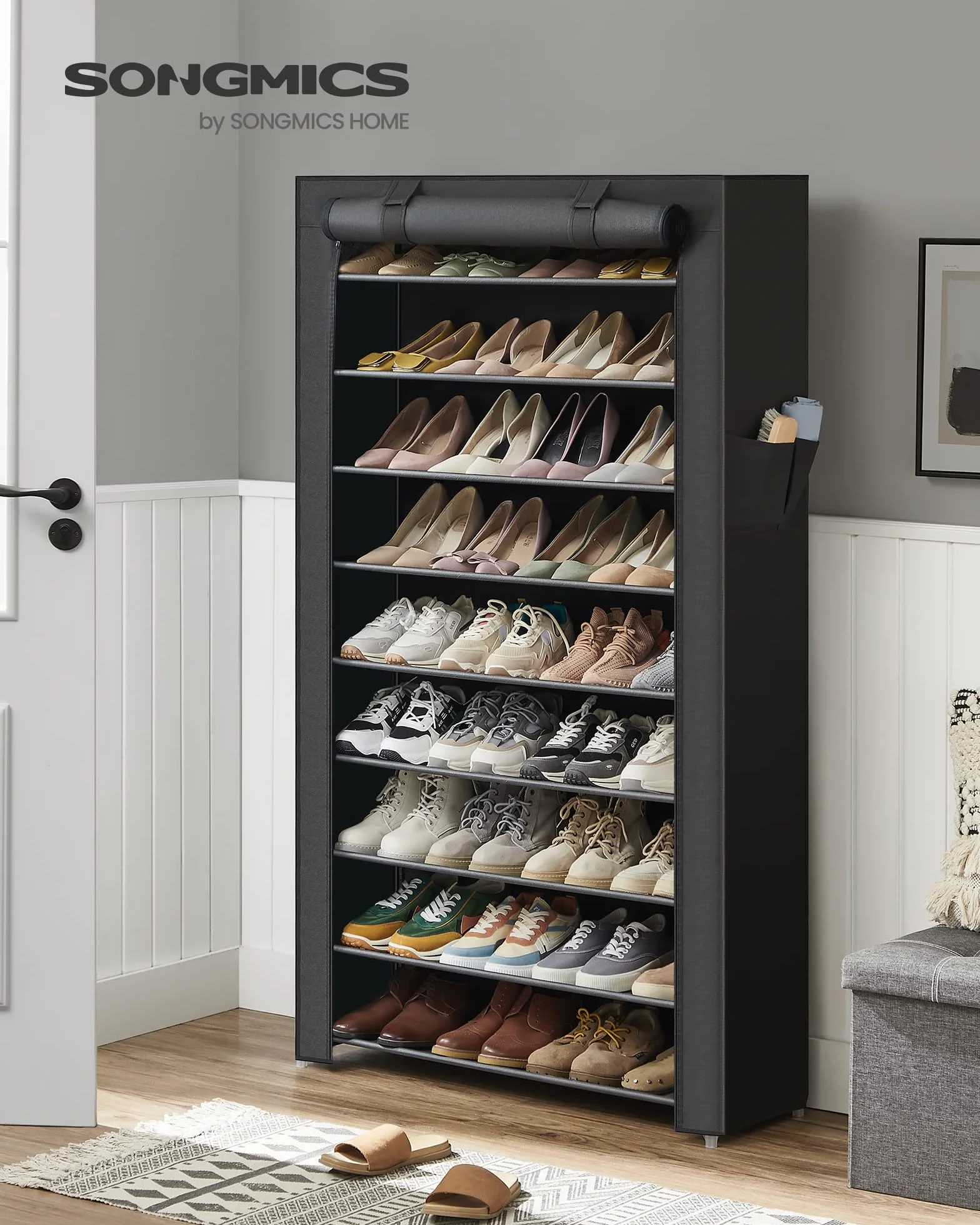 SONGMICS Zapatero, 10 Niveles, Zapatero de Entrada 28 x 88 x 160 cm con Cubierta de Tela, Delgado, Marco de Metal, Negro RXJ36HV1