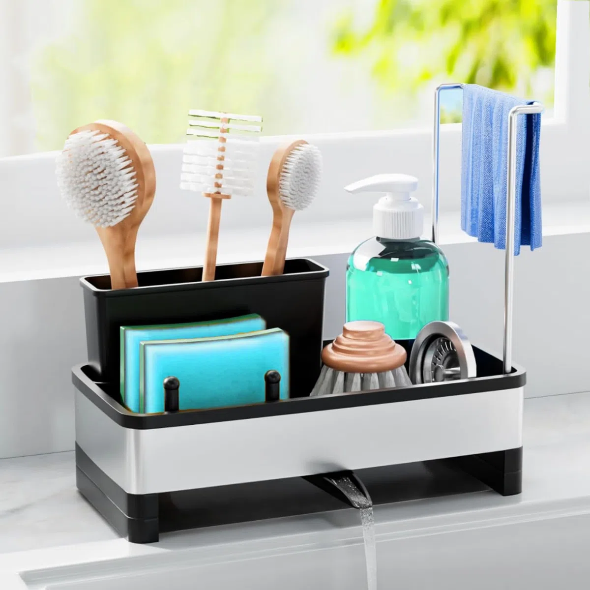 Organizador Cocina, Organizador Fregadero con Bandeja de Drenaje Autodrenante para Soporte de Esponja, Toallero, Soporte para Paños Cocina Accesorios para lavabo del Baño (Negro)