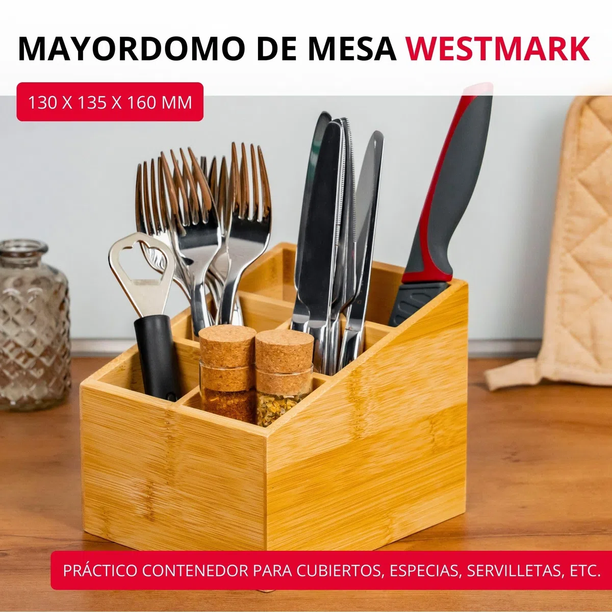Westmark Organizador de cocina/mesa, 5 Compartimentos, Dimensiones: 13 x 13,5 x 16 cm, Bambú, Tapas + Friends, Marrón claro, 69842270