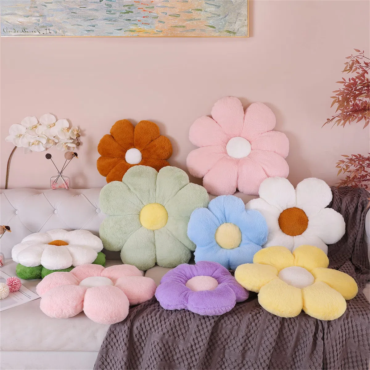 Almohada de Flores de Peluche Cojín de Suelo Cojín del Asiento de la Silla Almohada Decorativa Sofá Cama Almohada (40CM, Pink White)