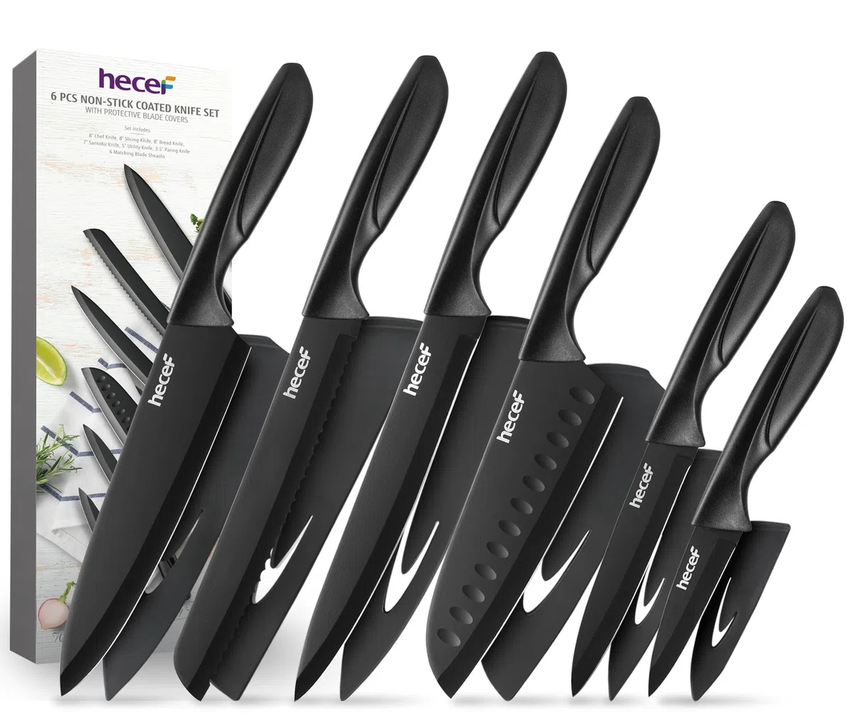hecef Juego de Cuchillos de Cocina, 6 Piezas Cuchillos en Acero Inoxidable con Revestimiento Antiadherente, Mango Ergonómico y Funda Protectora, Aptos para Lavavajillas, Diseño Moderno para Uso Diario