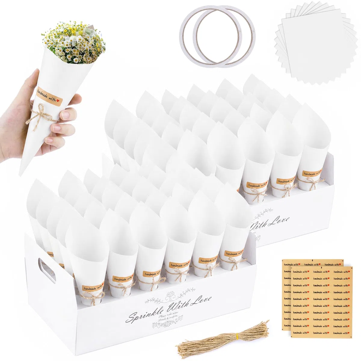 60 Conos Arroz Boda Blancos con 2 Soportes, Cucuruchos de Papel para Pétalos y Confeti, Kit de Conos Boda DIY con Pegatinas y Cuerda para Decoración, Comunión, Mesa Dulce