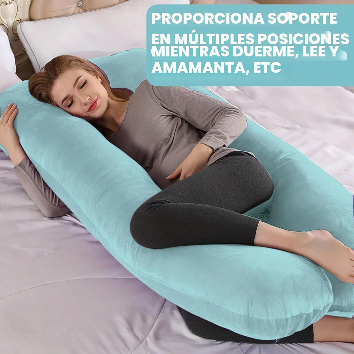 Funda para cojín de embarazo en forma de U: funda de almohada de algodón desmontable, funda de repuesto para cojín corporal para adultos, lavable a máquina, 140 x 80 cm (Azul claro + Gris)