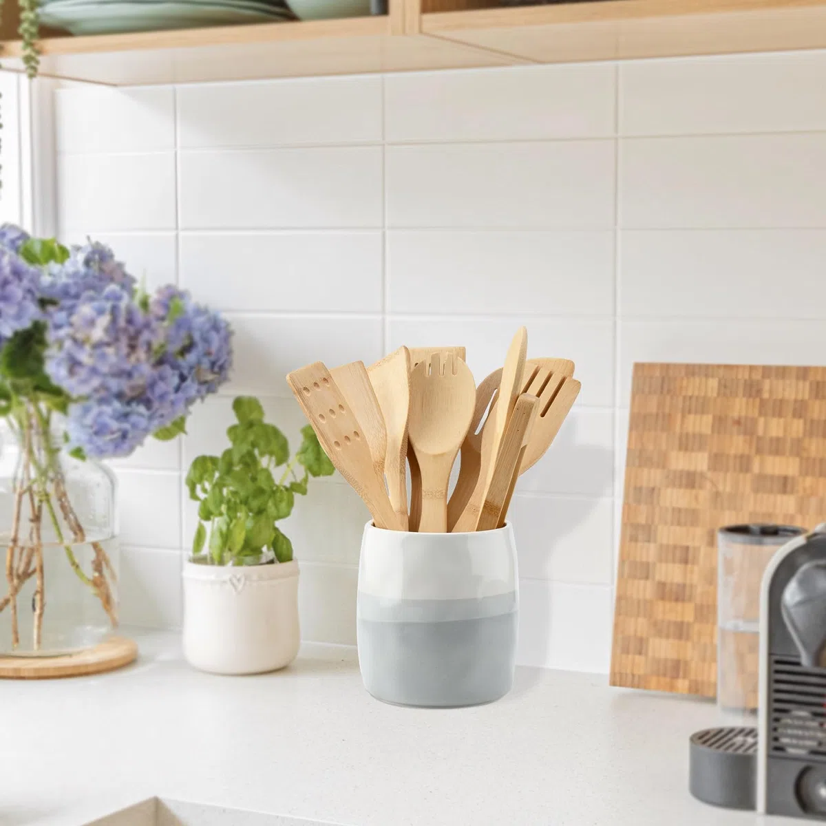 Bote para Utensilios de Cocina de Ceramica, Soporte para Utensilios de Cocina para Organización de Encimera, Porta Cubiertos para Cucharas, Espátulas y Cubiertos (L)