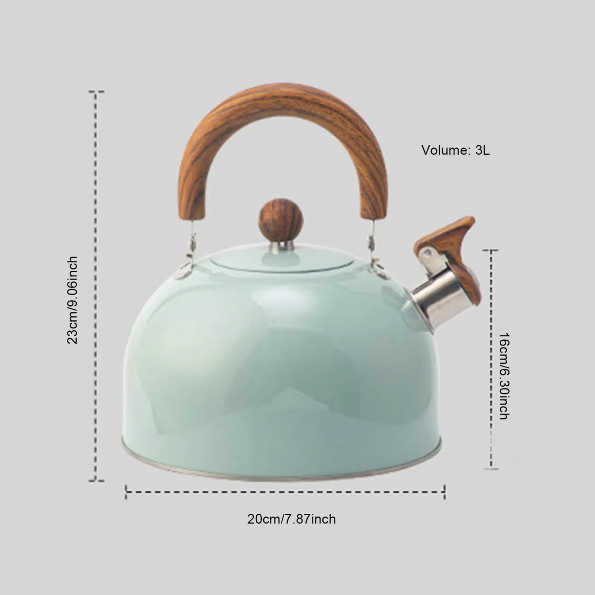 Tetera|Tetera con silbido Mango de Madera Pulida de Acero Inoxidable de Grado alimenticio de 3 litros Olla sin Olor para Cocina de inducción, Verde Claro