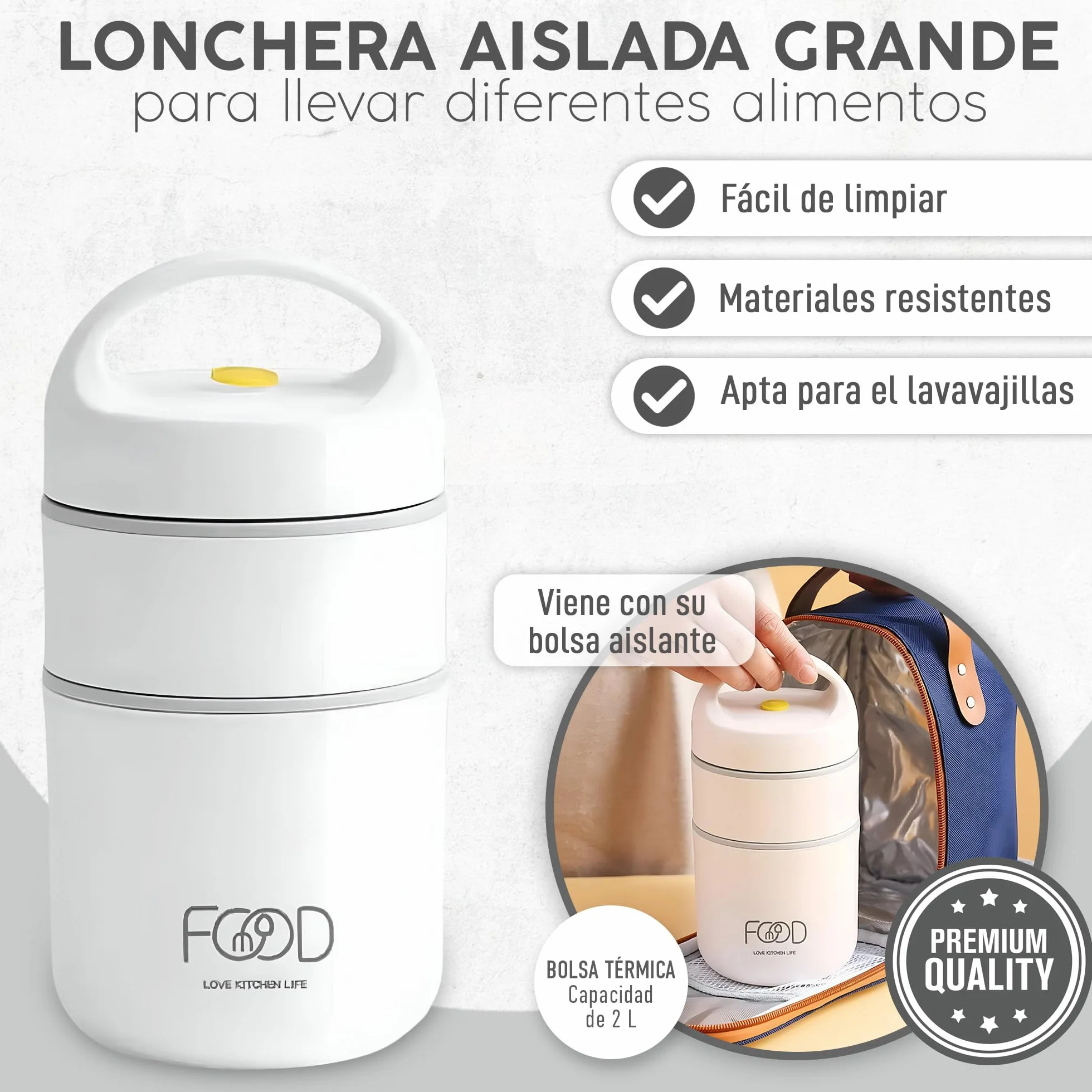 Lonchera semi termo para dos comida (660 ml) (blanca). Recipiente semi térmico adecuada para llevar comidas sin BPA con bolsa aislante de transporte para la comida del niño o adulto.