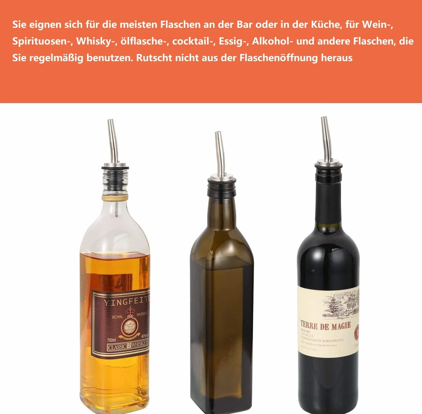 Heatigo vertedor de botella de acero inoxidable -vertedor cónico y porcionador con sello de goma para botellas - ideal para bar, pub, bistró y casa (vertedor de aceite) 8 pieces