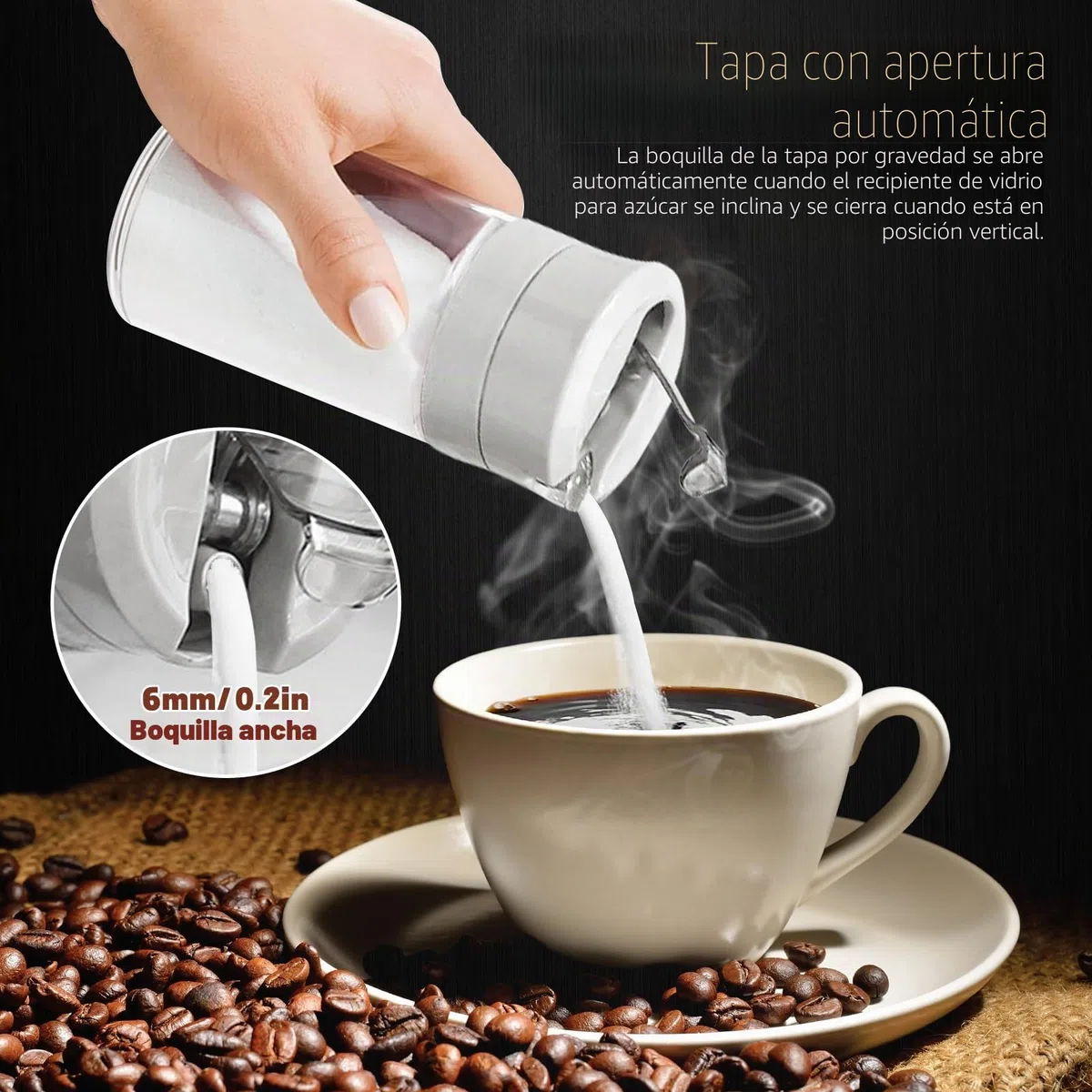 2 dispensadores de azúcar de vidrio con boquilla de vertido automático, recipiente de azúcar con peso, 250 ml, soporte para salero, accesorios para barra de café (Gris)