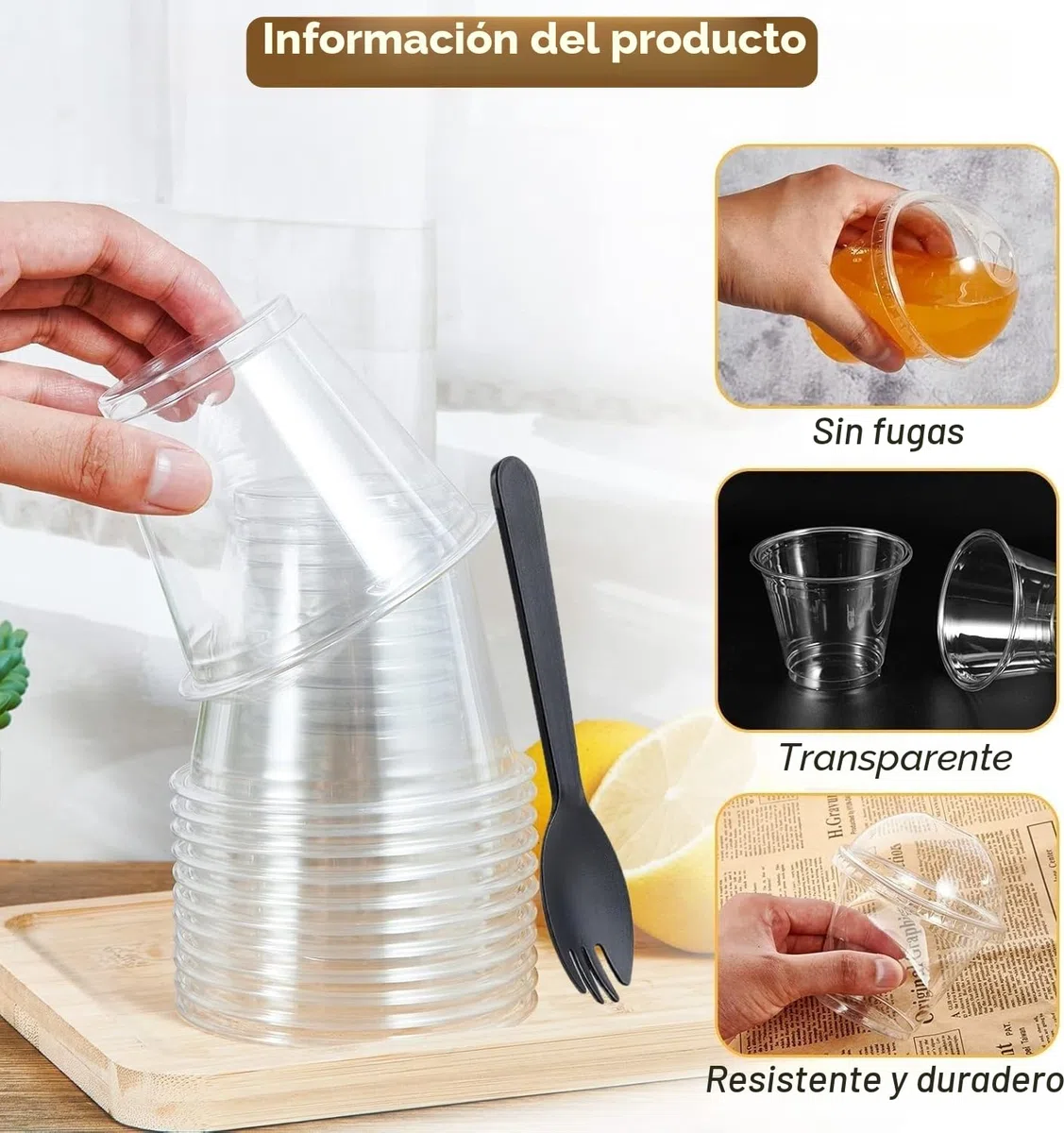 LATERN 50 Piezas Vasos de Postre de Plástico con Cúpula Tapas, 270ml Redondas Tazas de Postre Taza de Aperitivo de Parfait Transparente Tazón para Servir Reutilizable con Tenedores para Pudín Mousse