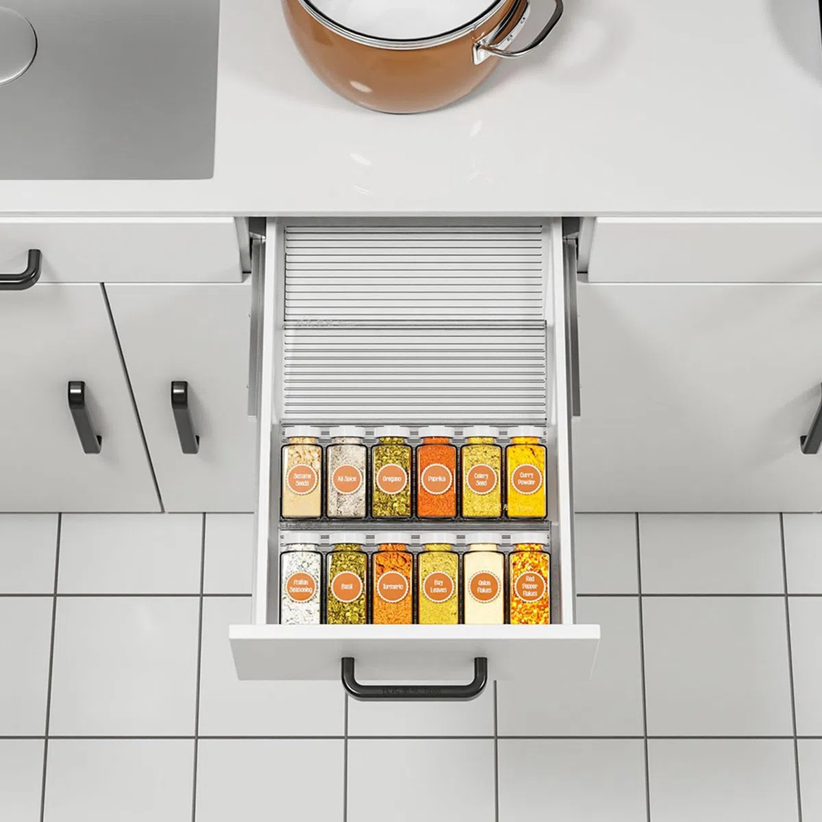 Seasoning Rack, Expandable Organizer, Drawer Storage Tray, Multi Tiered Cooking Condiment Holder for Apartment, Cabinet, Rental House, Restaurant, Pantry Use, Polystyrene White