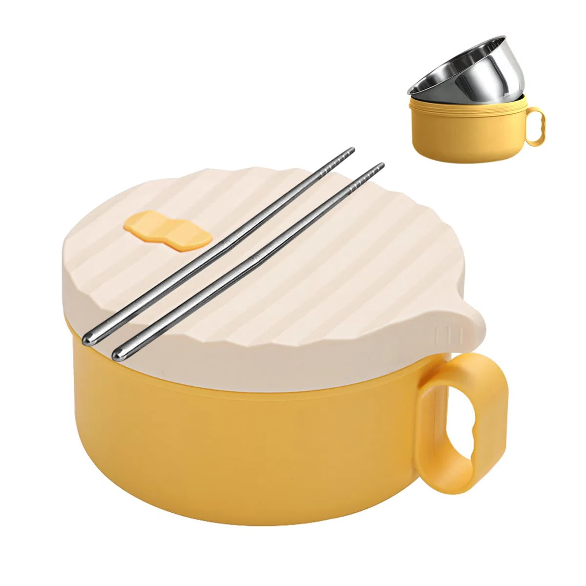 Ramen - Cuenco de acero inoxidable con palillos, 1200 ml, cuenco japonés para sopa con tapa, cuenco instantáneo, vajilla japonesa (amarillo y beige)