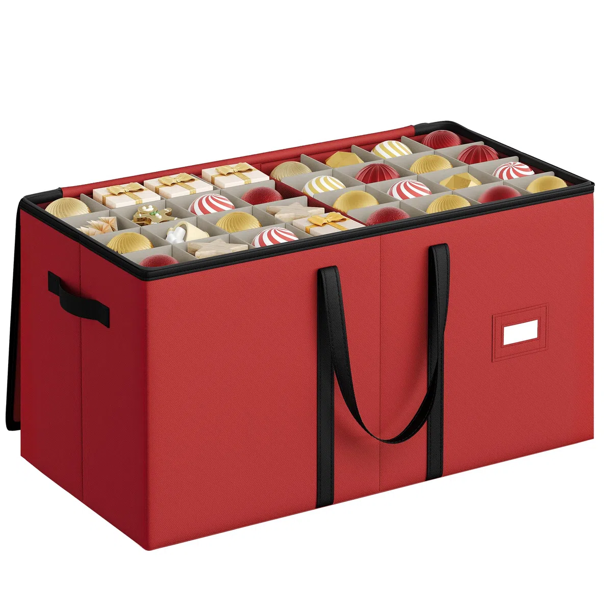 SONGMICS Caja Almacenaje de Adornos Navideños, 7,6 cm 128 Ranuras, Caja Apilable para Adornos Navideños con Tapa, Cremallera Doble, Separadores Ajustables, Tela no Tejida, Rojo Cereza RFB039R01