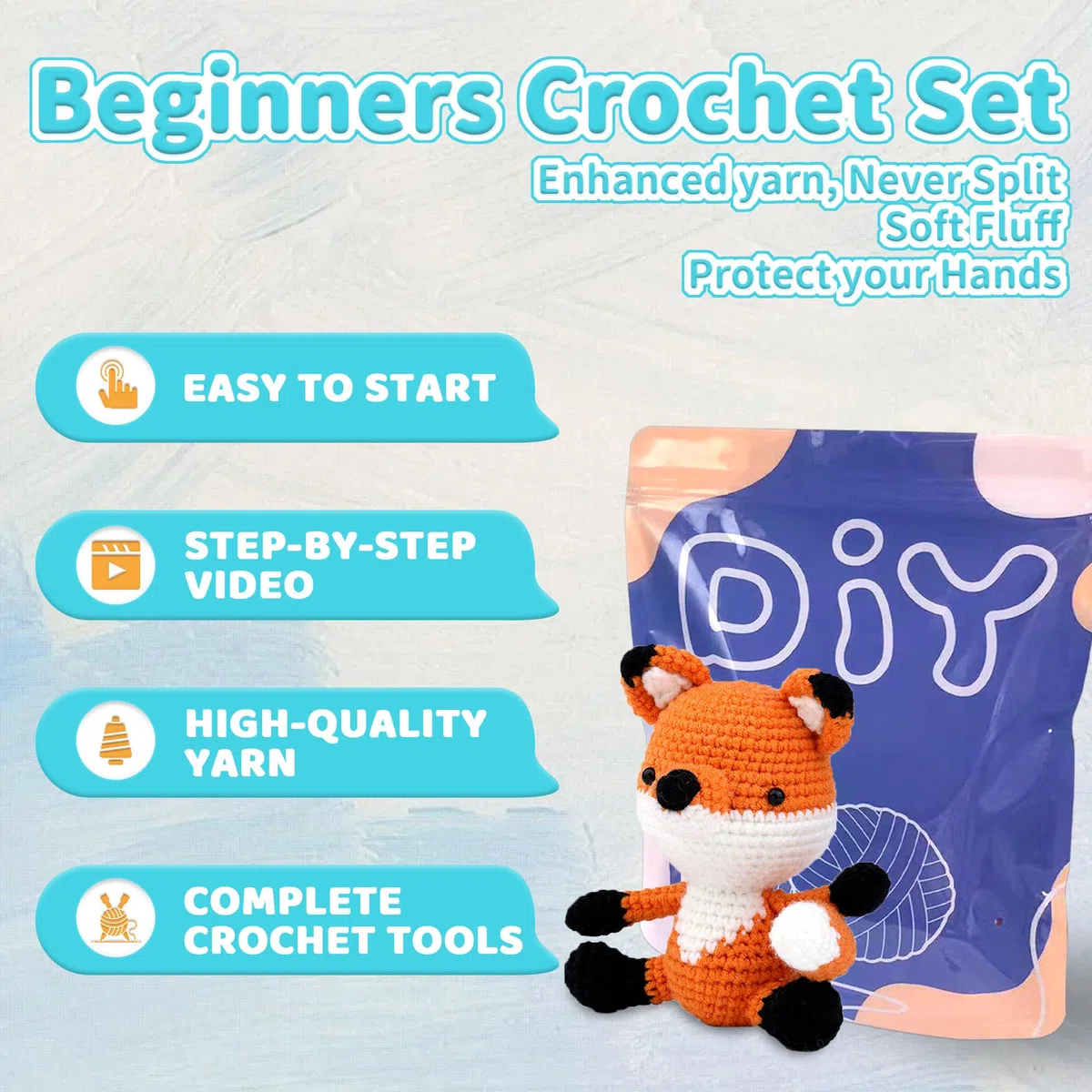 YAMAXIN Kit de ganchillo para principiantes, zorro, animal, fácil de aprender a iniciar, kit de tejer amigurumis y kits de manualidades de hilo para niños y adultos, bricolaje con tutoriales en video