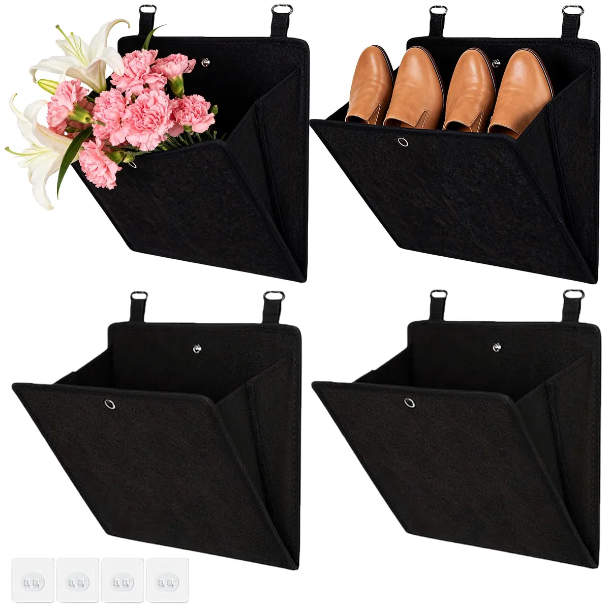 GBKDQQ 4 organizadores de zapatos colgantes con ganchos adhesivos, 26,5 x 27,5 cm, sin agujeros, bolsa de almacenamiento para colgar en la pared, apertura de 45°, plegable para caravanas, apartamentos