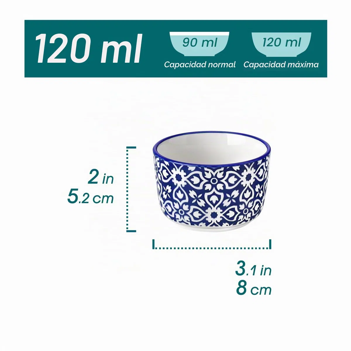vancasso SELENE Moldes para Soufflé, 6 x 120ml Ramequines de Porcelana, Moldes para Tartas, Mini Cuencos para Aperitivos, Apto para Lavavajillas y Horno, Ø8 cm, Estilo Chino en Azul y Blanco