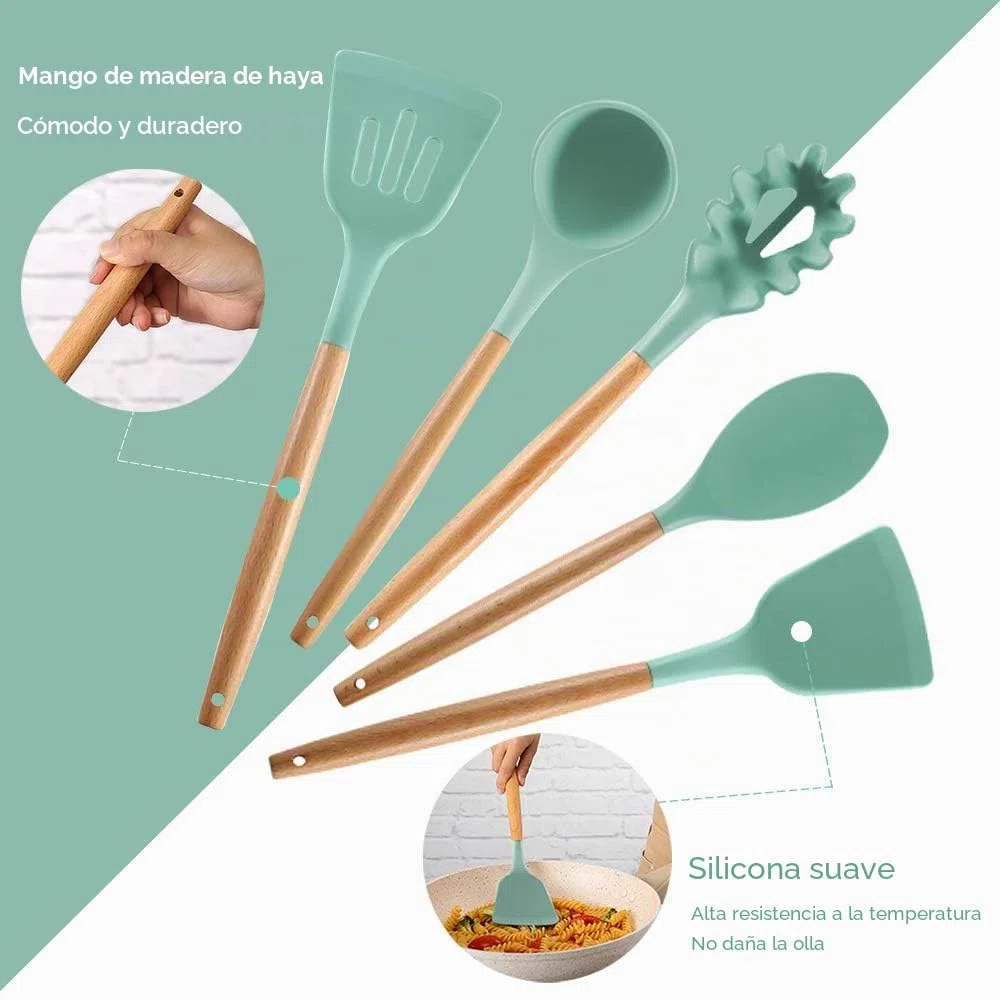Utensilios Cocina de Silicona,Antiadherente con Mango de Madera,Resistentes Al Calor,14 Piezas,espátula,cuchara,cucharón,5 cucharas de medir y ganchos