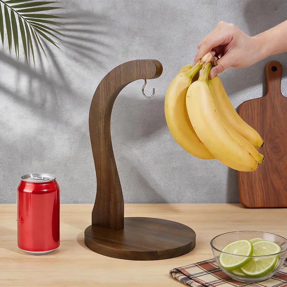BENECREAT Soporte para plátanos de madera de acacia con gancho de metal, soporte para colgar frutas, soporte de árbol para mantener los plátanos frescos para la cocina