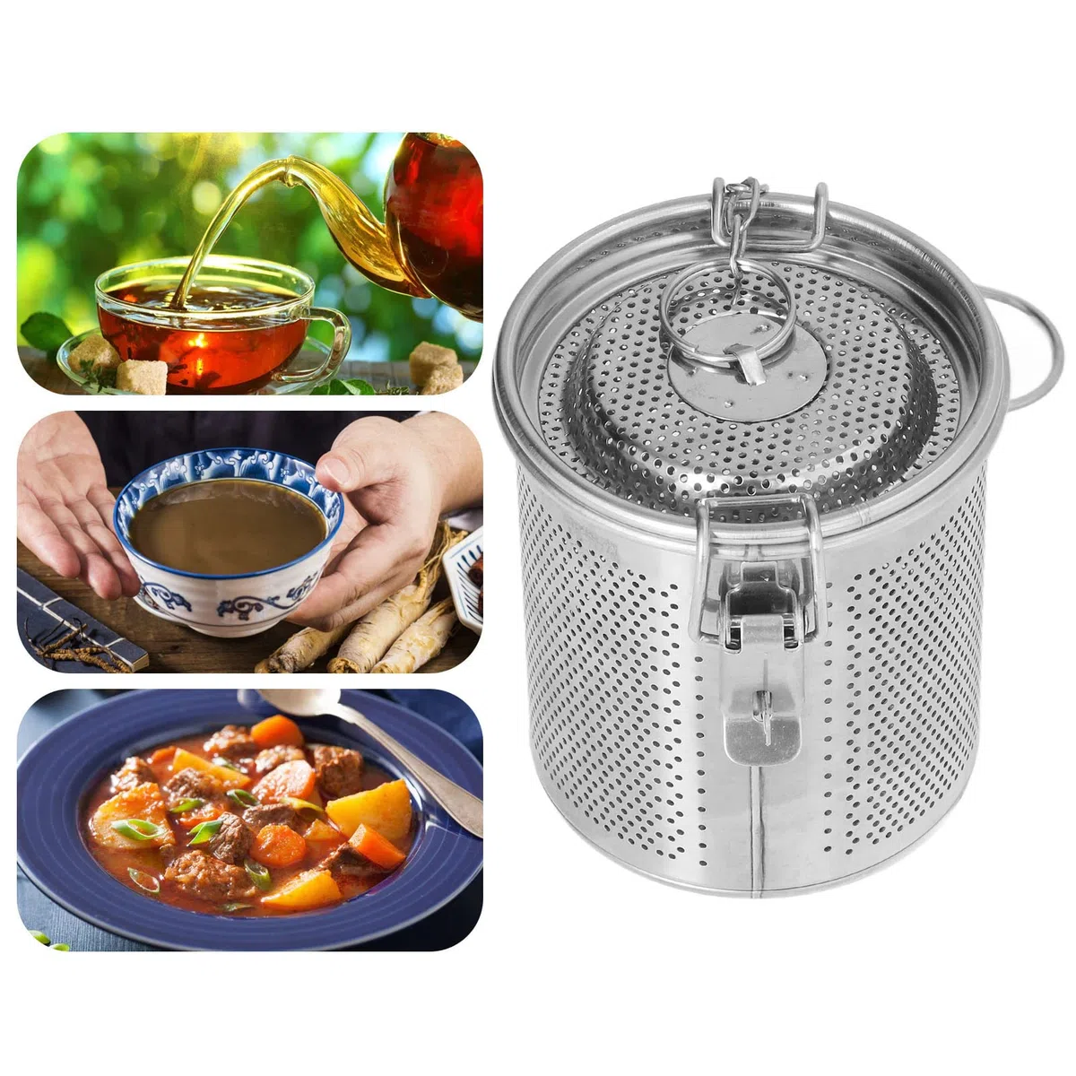 Bolsa de Condimentos de Acero Inoxidable, Filtro de Malla Fina con Cadena Colgante Extendida para té de Sopa, Colador Infusor de Cocina (0.solución)