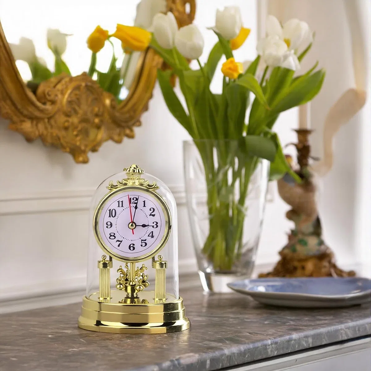 Reloj de mesa, reloj de escritorio que no hace tictac, reloj de sala de estar de estilo retro europeo, reloj de mesa silencioso alimentado por pilas, decoración de interiores, dorado