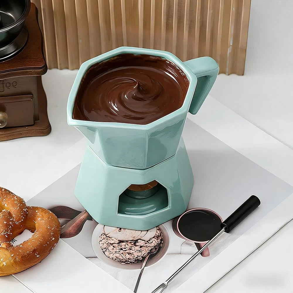 Fondue de Chocolate, Fondue Chocolate y Mantequilla de Cerámica, Set de 300ml con 1 Tenedores para Queso (Verde)