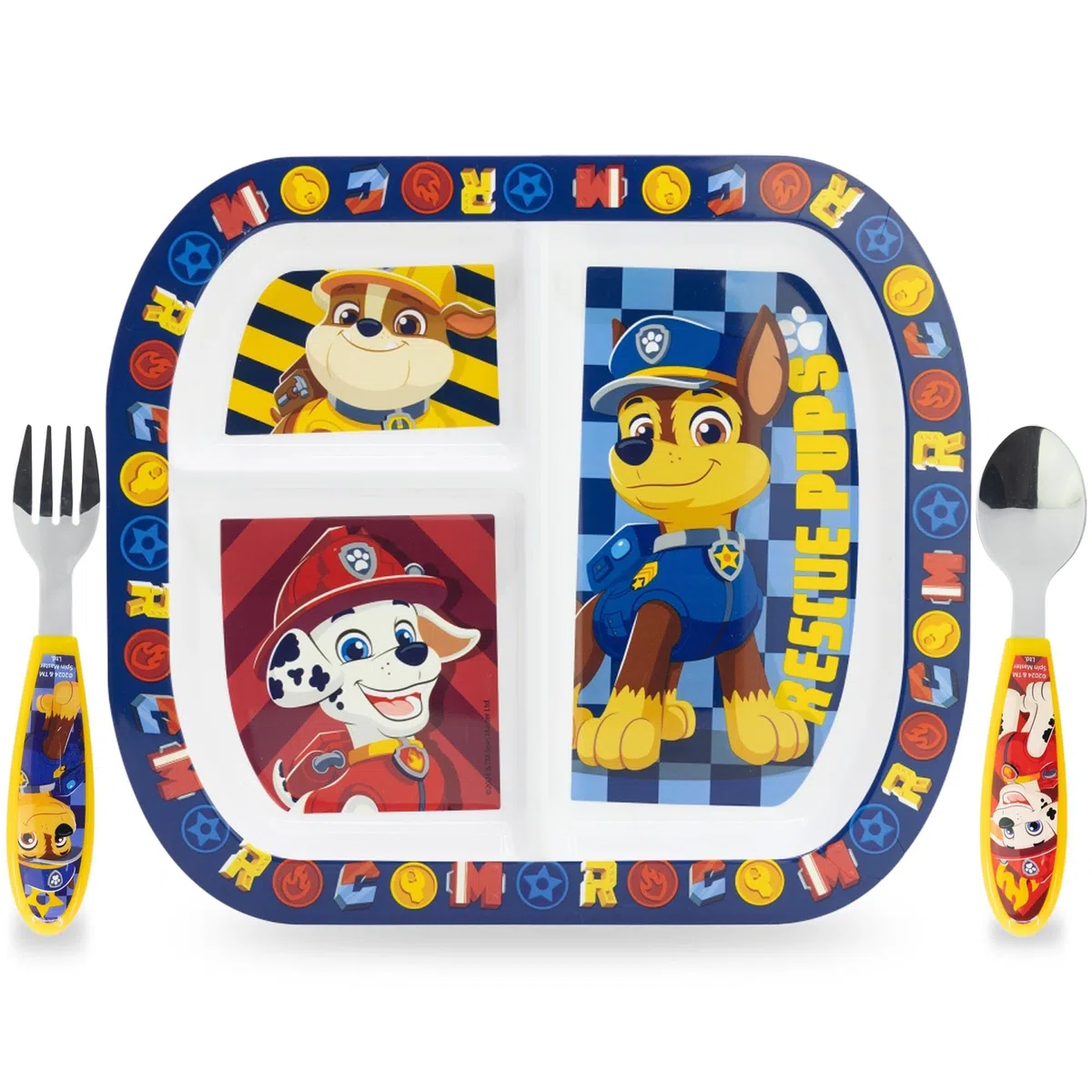 Vajilla Reutilizable Para Microondas PAW, 3 Piezas Partidos, Primer Juego de Destete con Plato, Cubiertos de Acero Inoxidable, Platos de Plástico Microondables, Sin BPA