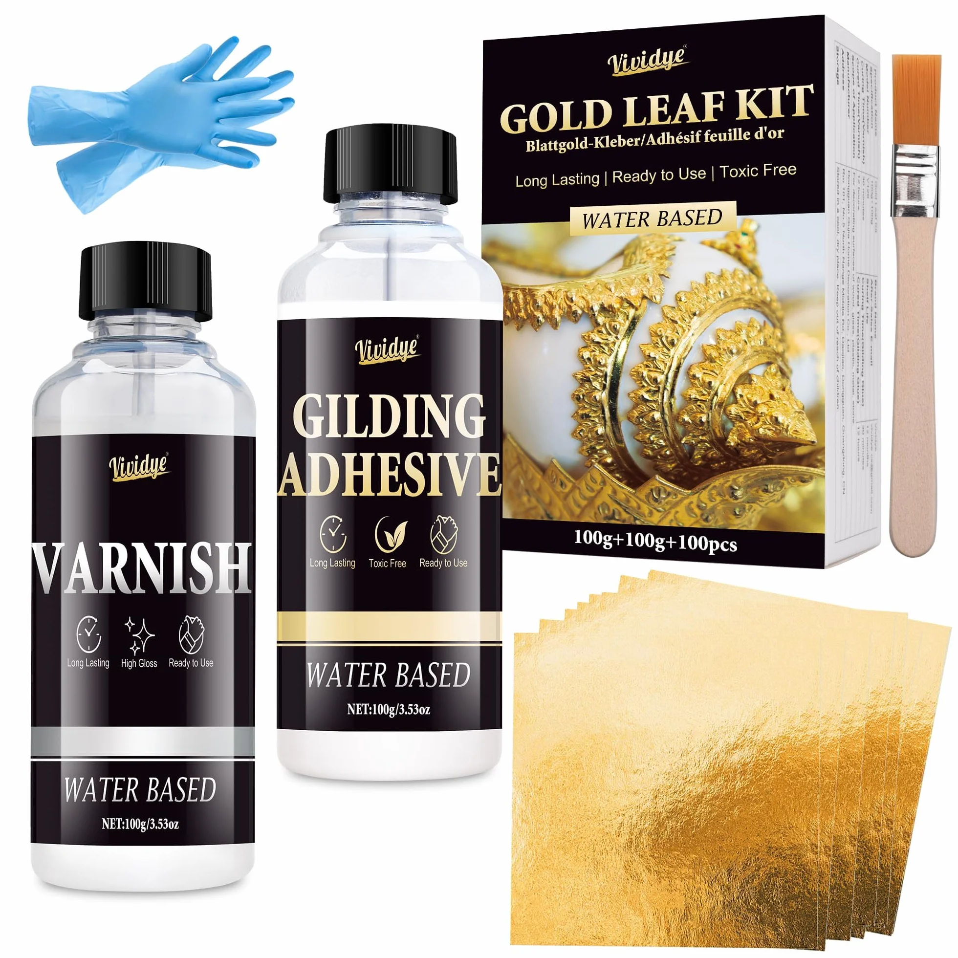 Juego de Pegamento de Pan de Oro 200g, Adhesivo para Hoja de Oros y Barniz Protector, Pan de Oro 100 Unidades, Pegamento de Secado Rápido para Manualidade, Arte, Joyas, Muebles y Pintura, Base de Agua