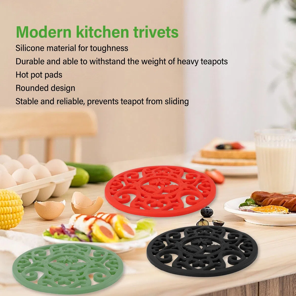 Salvamanteles de silicona, salvamanteles de silicona para tetera, salvamanteles para ollas, salvamanteles para platos calientes resistentes al calor, salvamanteles (Black)