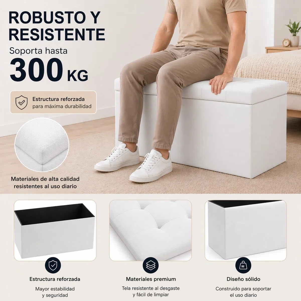 T-LOVENDO.ES Puff o Banco de almacenaje Plegable | Taburete Reposapiés Otomana | Baúl de Almacenamiento para Cama, Dormitorio, salón, Comedor o Recibidor | 38x76x38cm | Soporta 300kg.