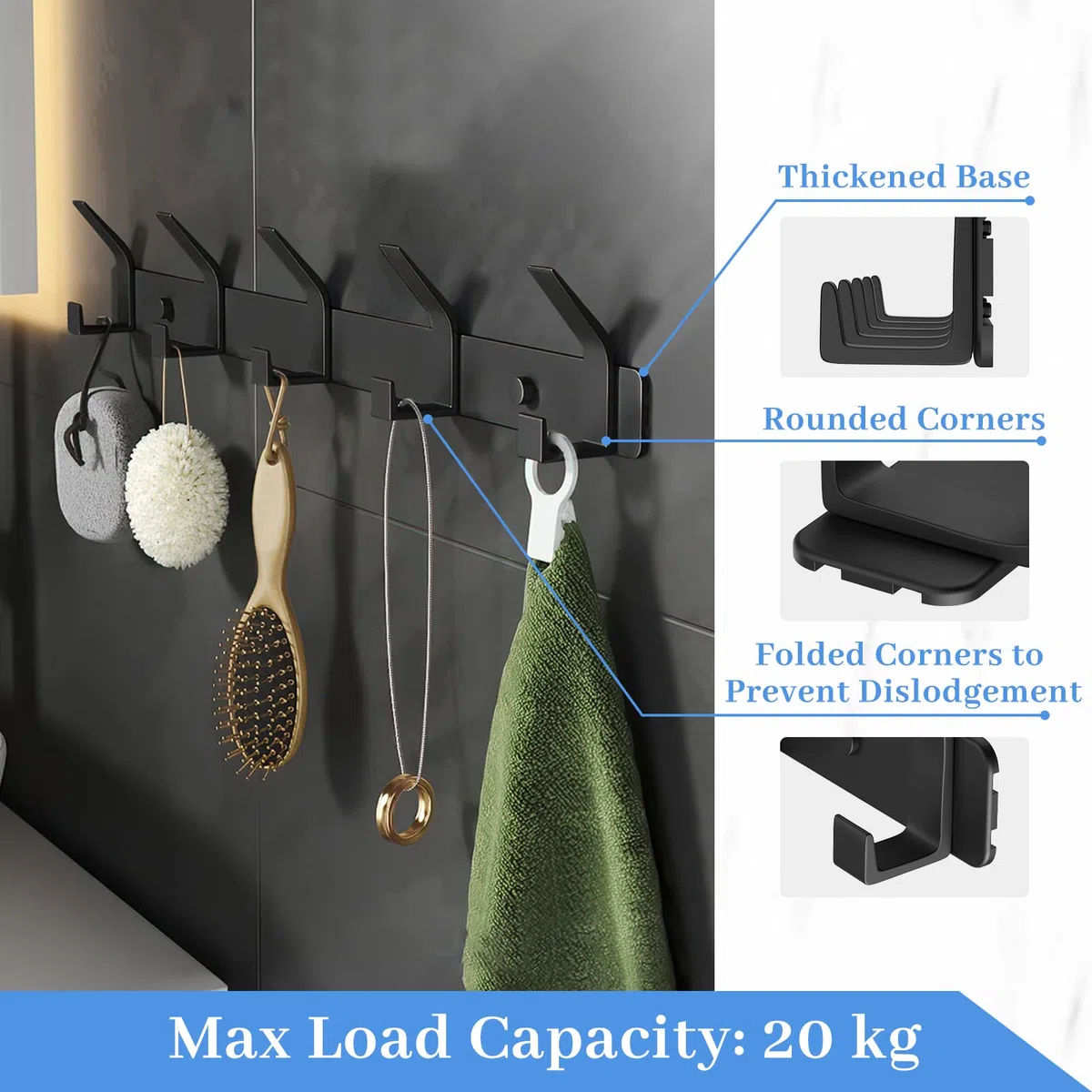 Percheros Pared, Perchero De Pared Con 5 Ganchos Adecuado Para Cocina, Dormitorio, Baño, Obsidiana Negra