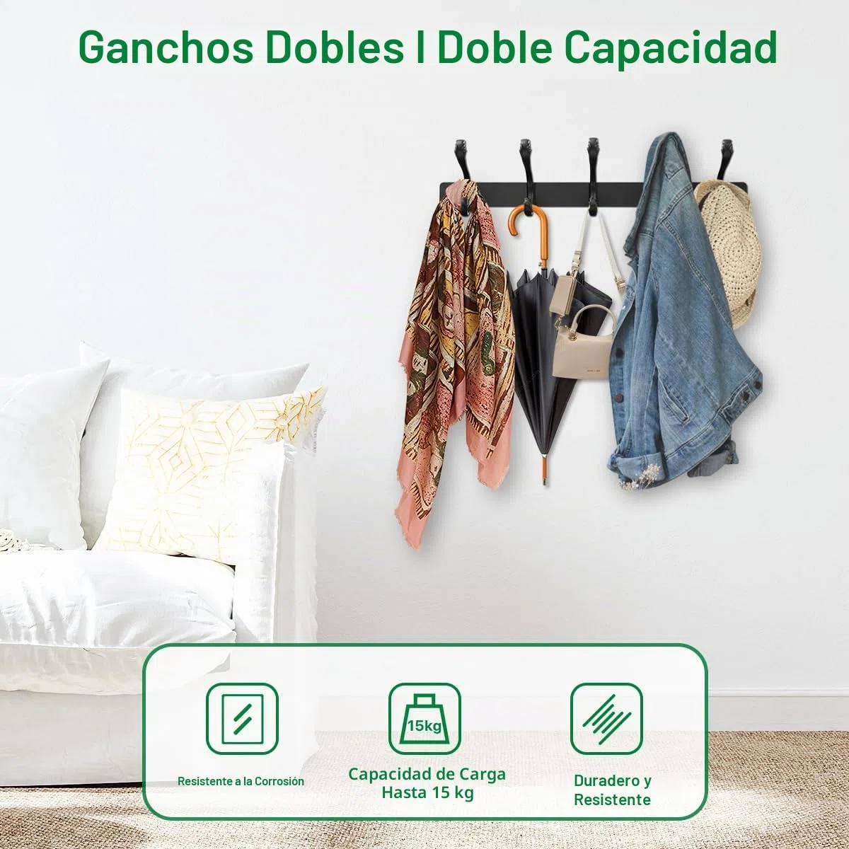 Percheros Pared Perchero de Pared con 5 Ganchos Dobles Negro Alta Capacidad de Carga, Duradero y Ahorra Espacio para Entrada Dormitorio Cocina Baño