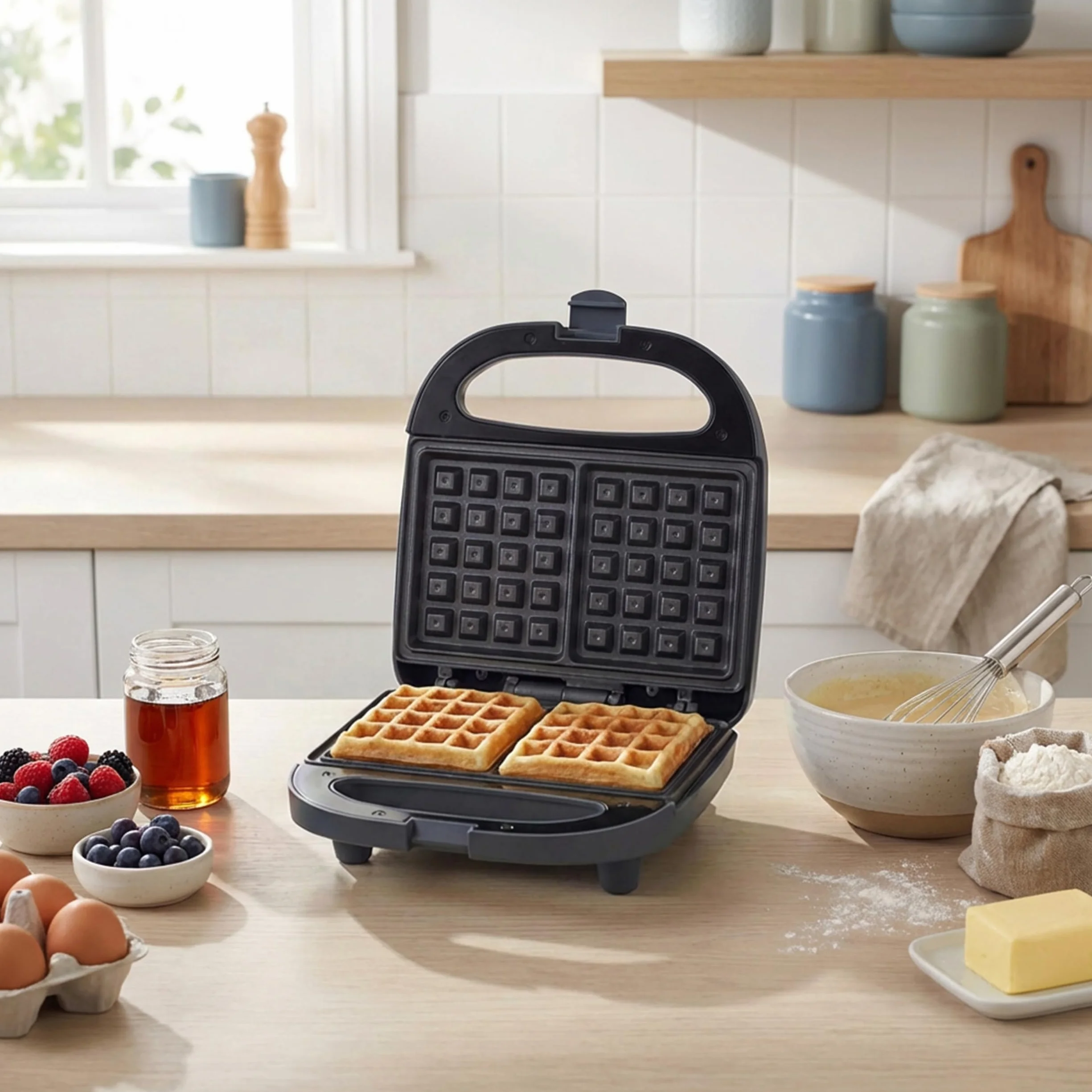Progress Mellow Waffle Maker - 2 rebanadas, control automático de temperatura, luces indicadoras de encendido/listo, placas de cocción antiadherentes, asas de transporte frías al tacto, 750 W